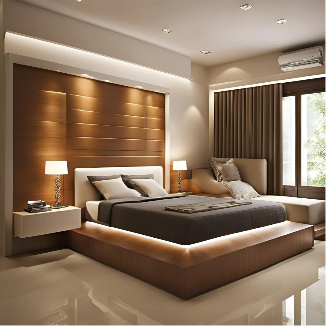 Bedroom layout reference with space around a timber bed and fitted bedside surfaces