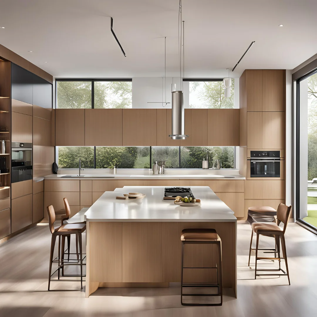 Kitchen design reference showing an island, dining seats and surrounding circulation space