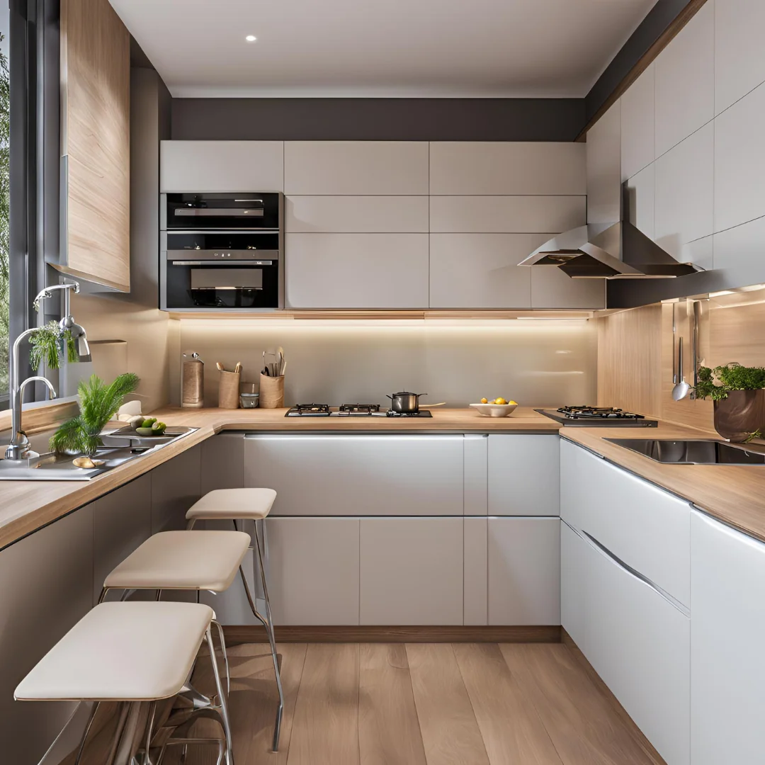 Compact U-shaped kitchen reference with simple cabinet fronts and clear worktops