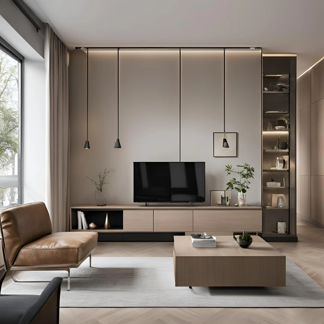 Living room reference with a fitted television wall, closed cabinets and a small display shelf