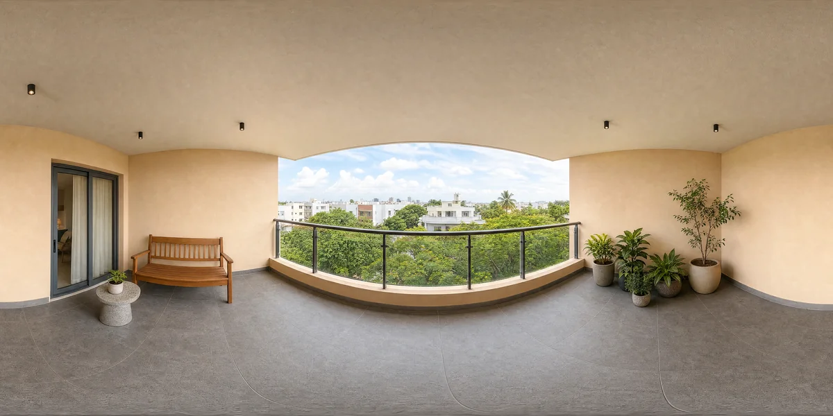 Illustrative 360-degree panorama: a covered balcony with a teak bench, leafy planters and an open neighbourhood view