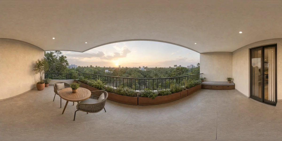 Illustrative 360-degree panorama: a planted balcony with a compact breakfast table, oak-toned finishes and soft morning light