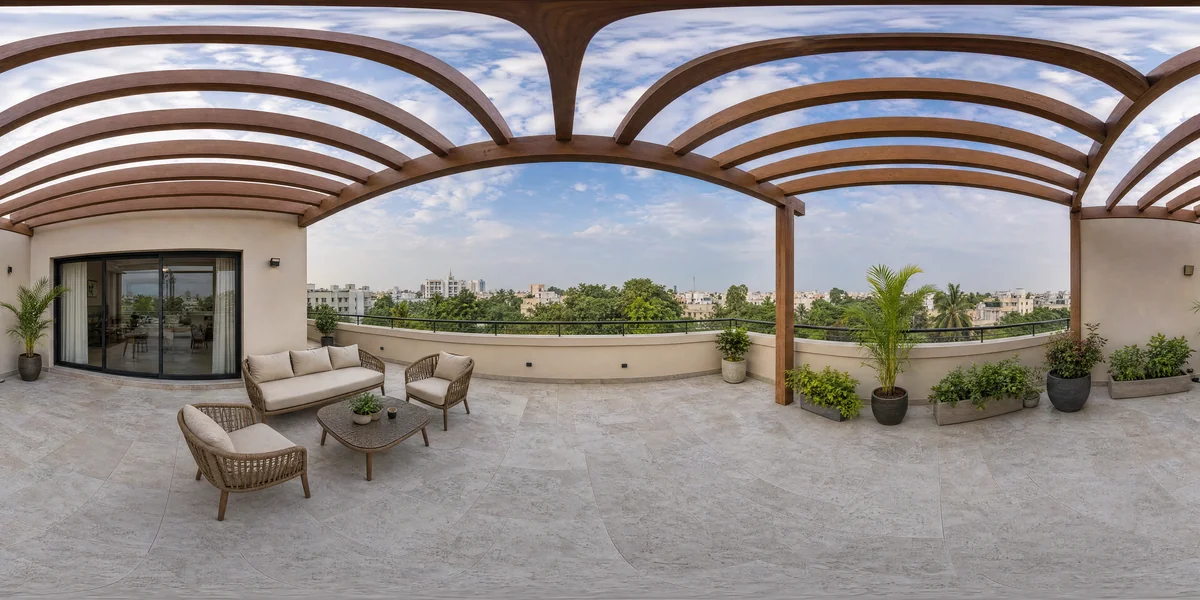 Illustrative 360-degree panorama: a generous terrace with a timber pergola, woven seating and layered planting
