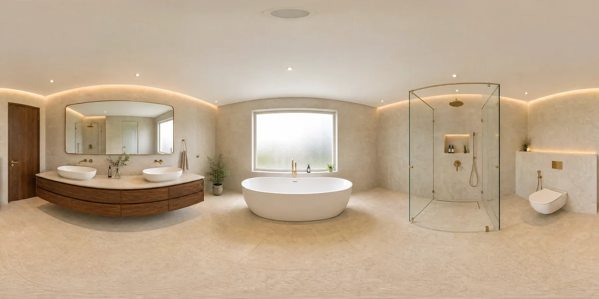 Illustrative 360-degree panorama: a spacious limestone bathroom with a walnut vanity, separate shower and freestanding bath