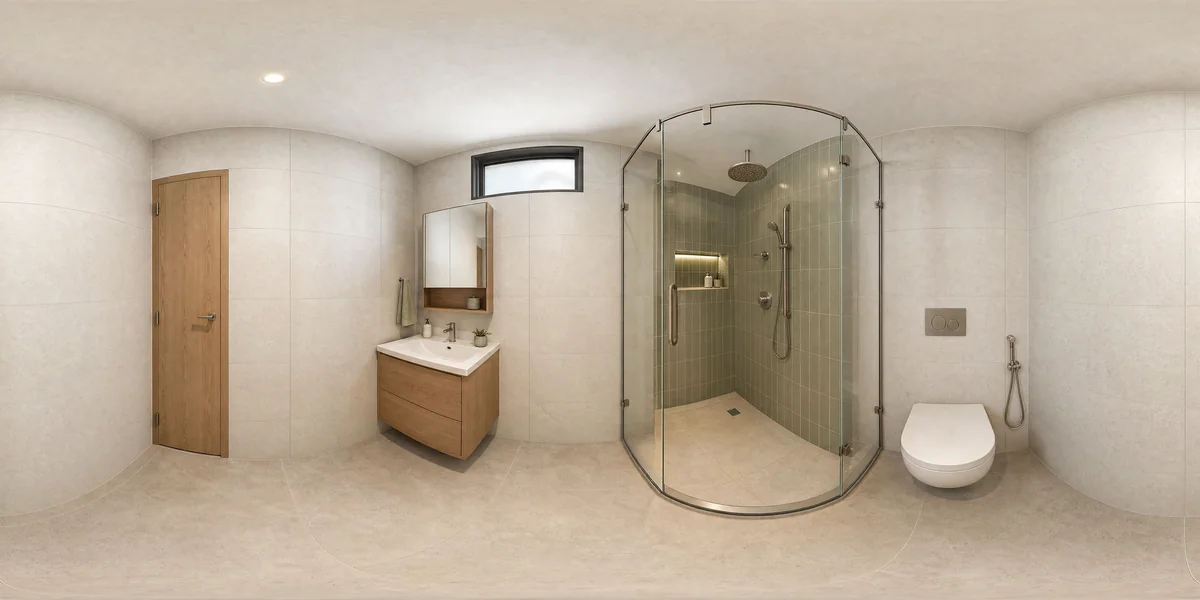 Illustrative 360-degree panorama: a compact bathroom with sage tiles, a small oak vanity and a clearly separated shower