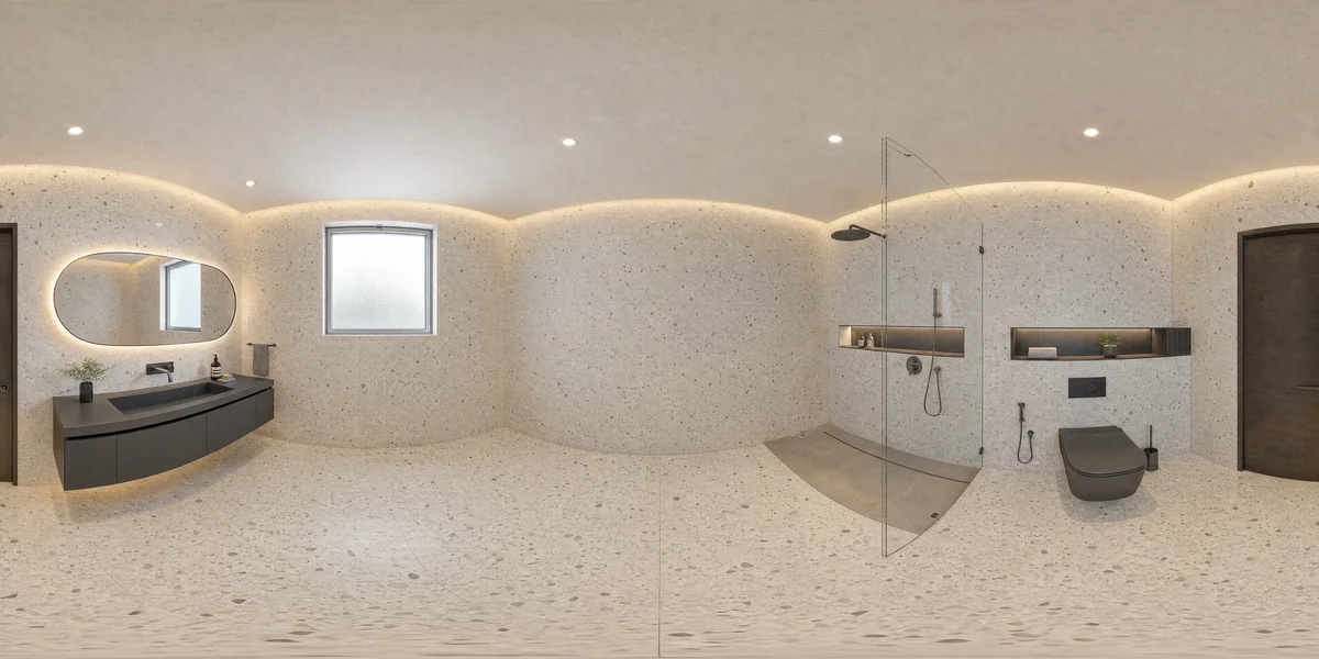 Illustrative 360-degree panorama: a contemporary bathroom with graphite cabinetry, pale terrazzo and a generous walk-in shower