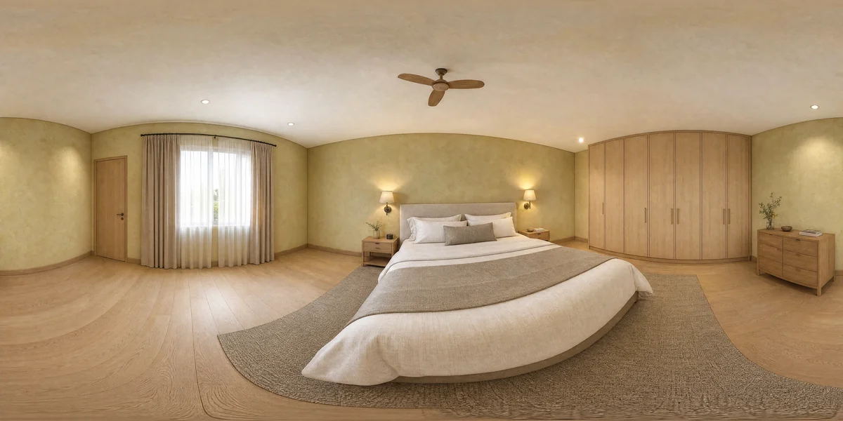 Illustrative 360-degree panorama: a quiet bedroom with pale oak furniture, linen upholstery and warm neutral finishes