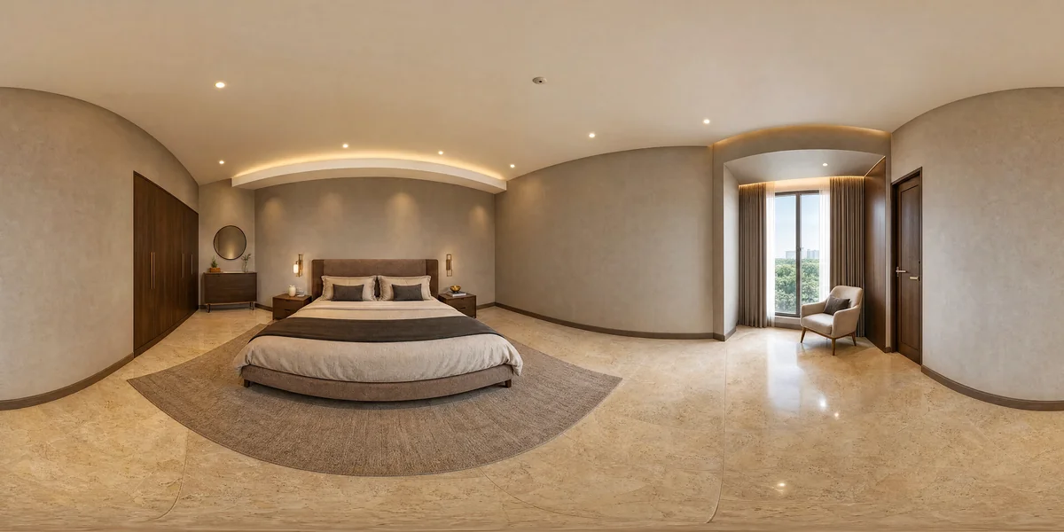 Illustrative 360-degree panorama: a bedroom with a mocha upholstered headboard, walnut storage and discreet bronze accents