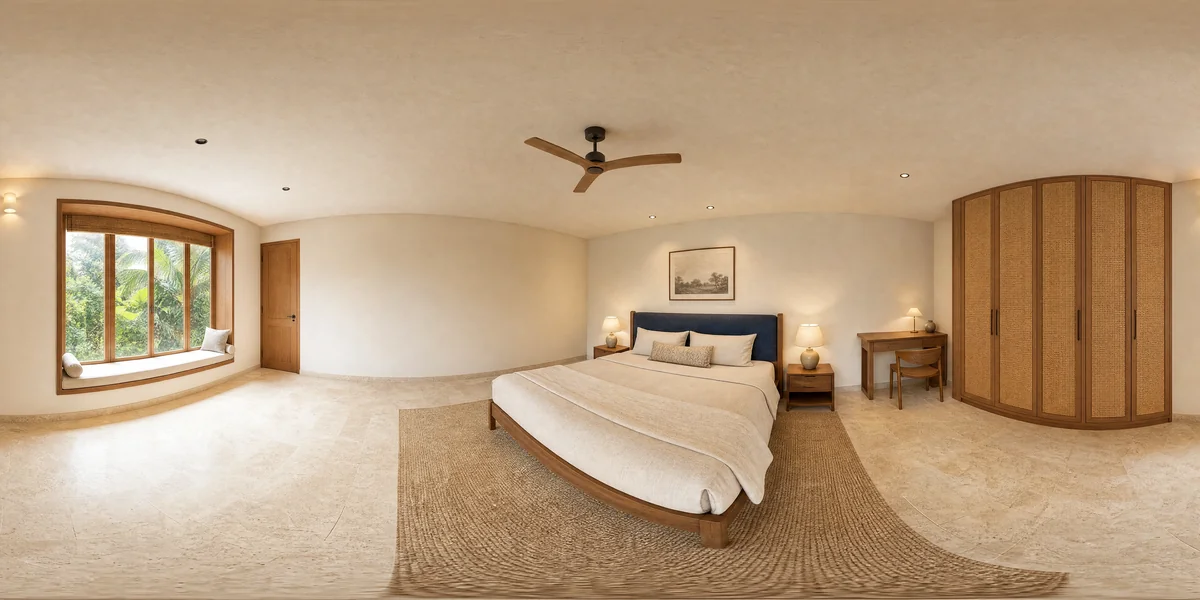 Illustrative 360-degree panorama: a bedroom combining indigo textiles, teak furniture and a shaded window seat