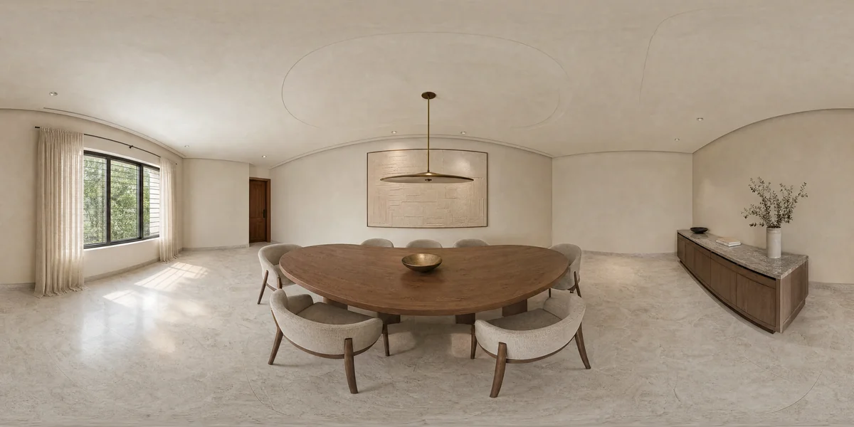Illustrative 360-degree panorama: a dining room with an oval teak table, upholstered chairs and a stone sideboard