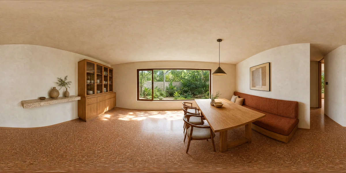 Illustrative 360-degree panorama: a dining space with a terracotta banquette, oak table and softly textured walls
