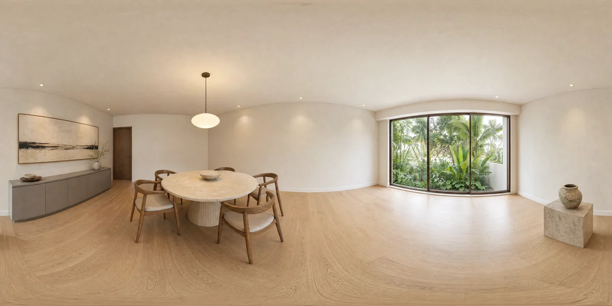Illustrative 360-degree panorama: a contemporary dining room with a round stone table, oak chairs and muted grey storage