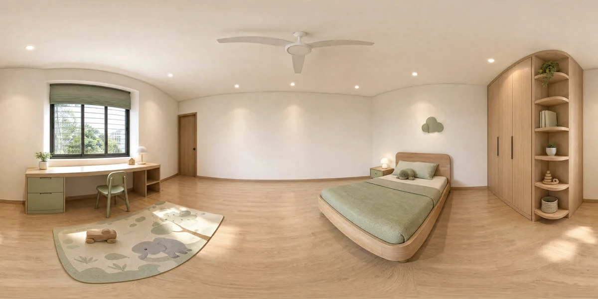 Illustrative 360-degree panorama: a child’s room with a low oak bed, a sunny study desk and calm green accents