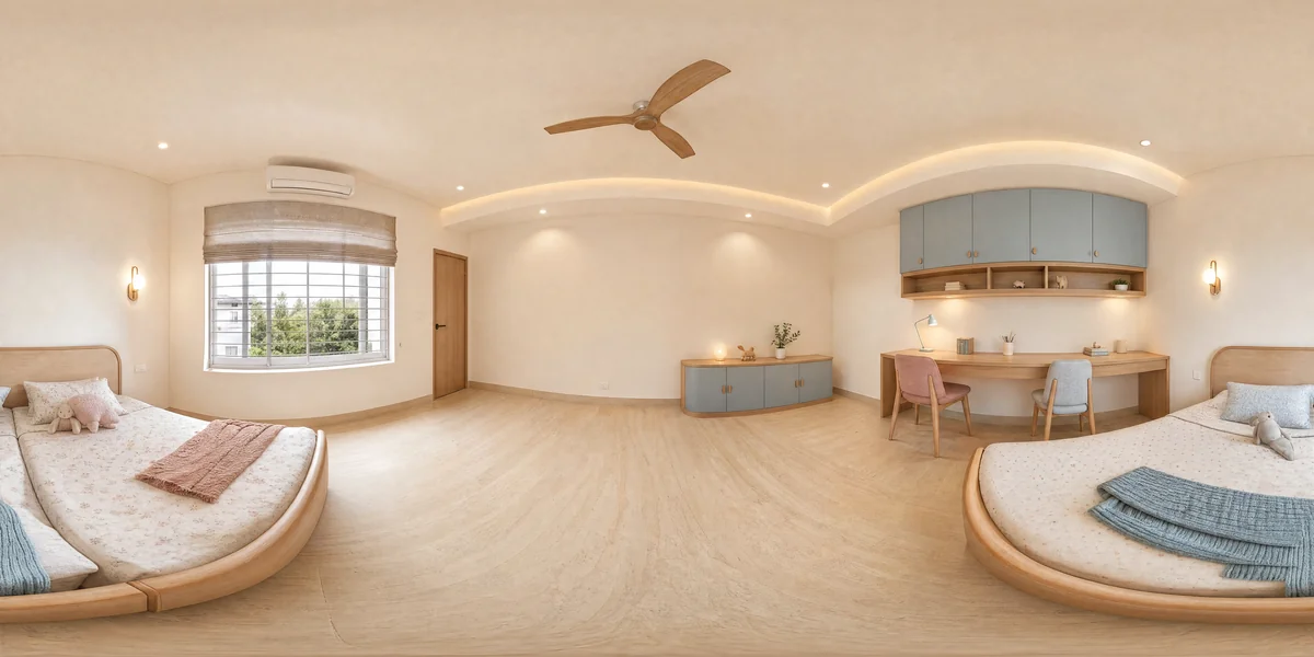 Illustrative 360-degree panorama: a shared children’s room with a low sleeping area, blue storage and a generous study wall