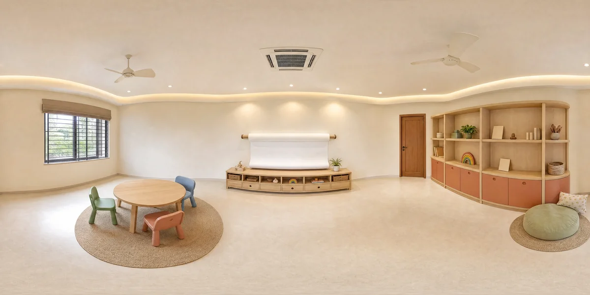 Illustrative 360-degree panorama: a playroom with a low activity table, rounded storage and warm terracotta accents