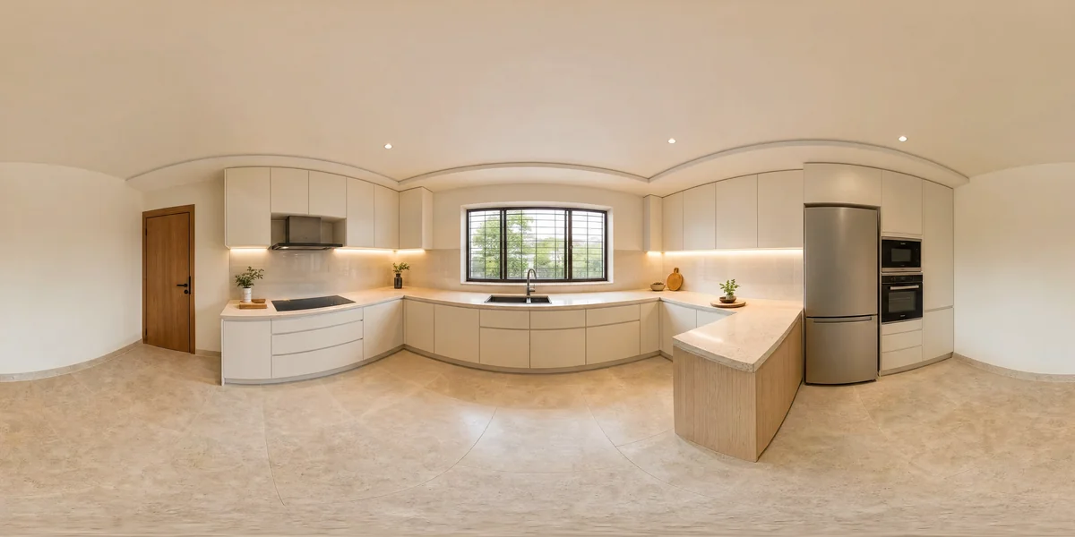 Illustrative 360-degree panorama: a bright kitchen with warm white cabinets, pale oak details and a practical preparation counter