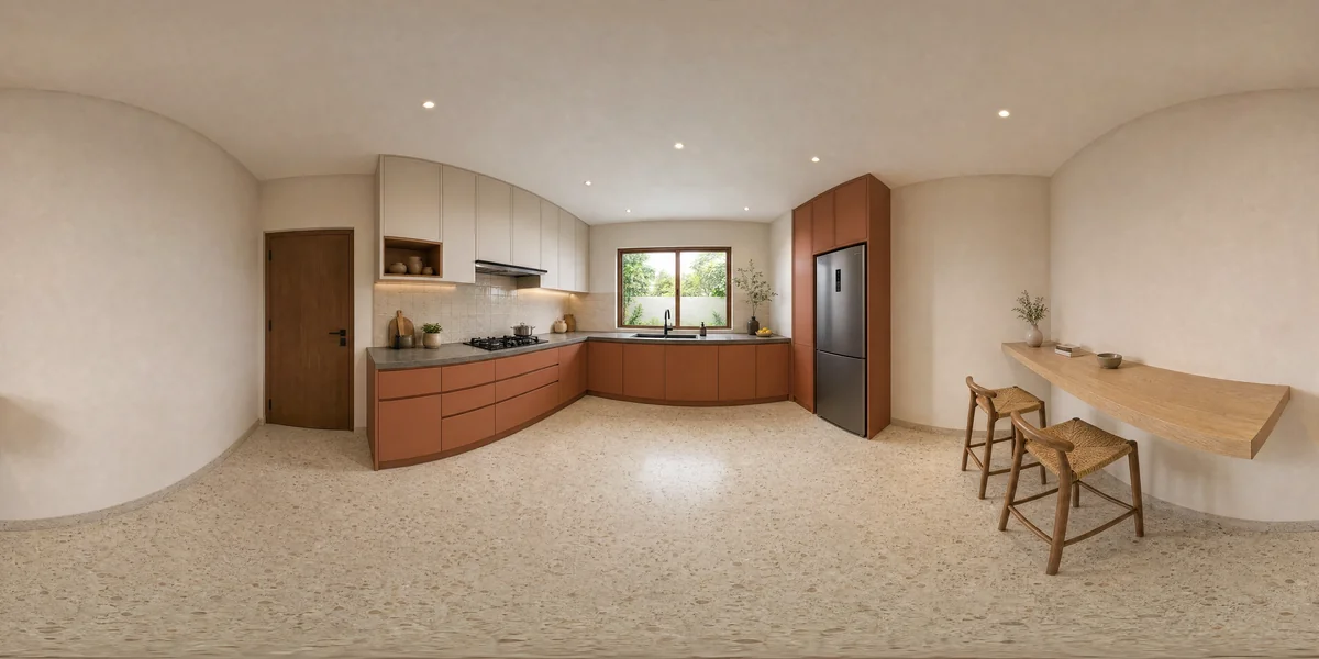 Illustrative 360-degree panorama: an L-shaped kitchen with terracotta cabinetry, stone counters and a courtyard window