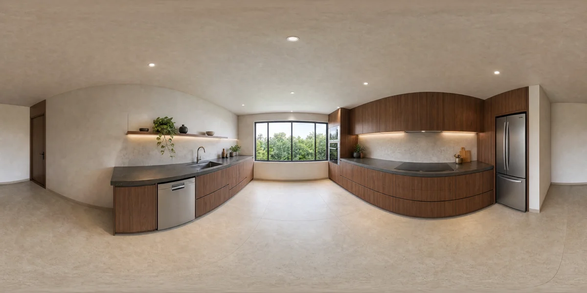 Illustrative 360-degree panorama: a walnut galley kitchen with stainless details and uninterrupted preparation surfaces