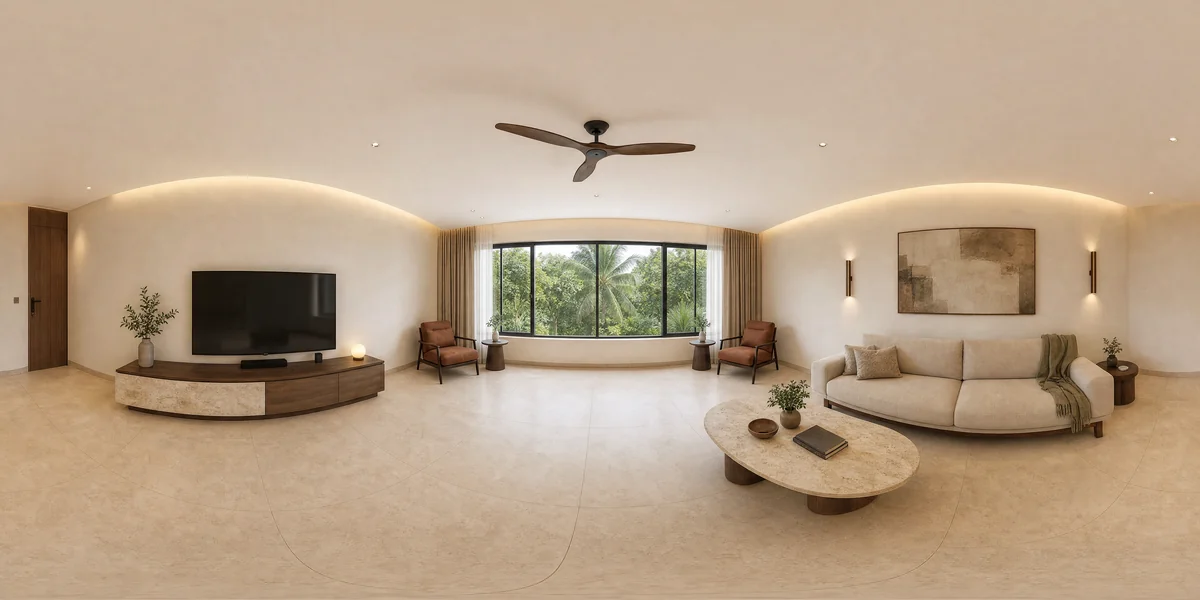 Illustrative 360-degree panorama: a warm living room with walnut cabinetry, limestone and relaxed linen seating