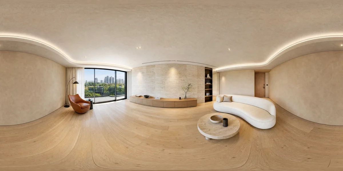 Illustrative 360-degree panorama: a contemporary lounge with curved cream seating, pale oak and a quiet stone wall