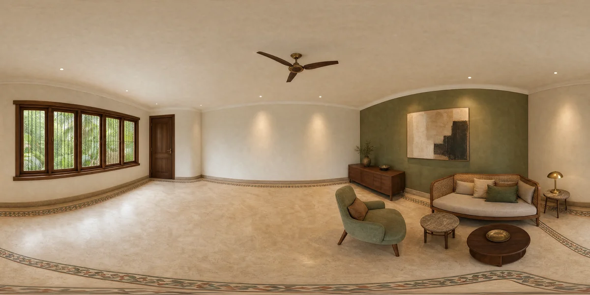 Illustrative 360-degree panorama: a living room combining teak furniture, muted green walls and handmade floor details