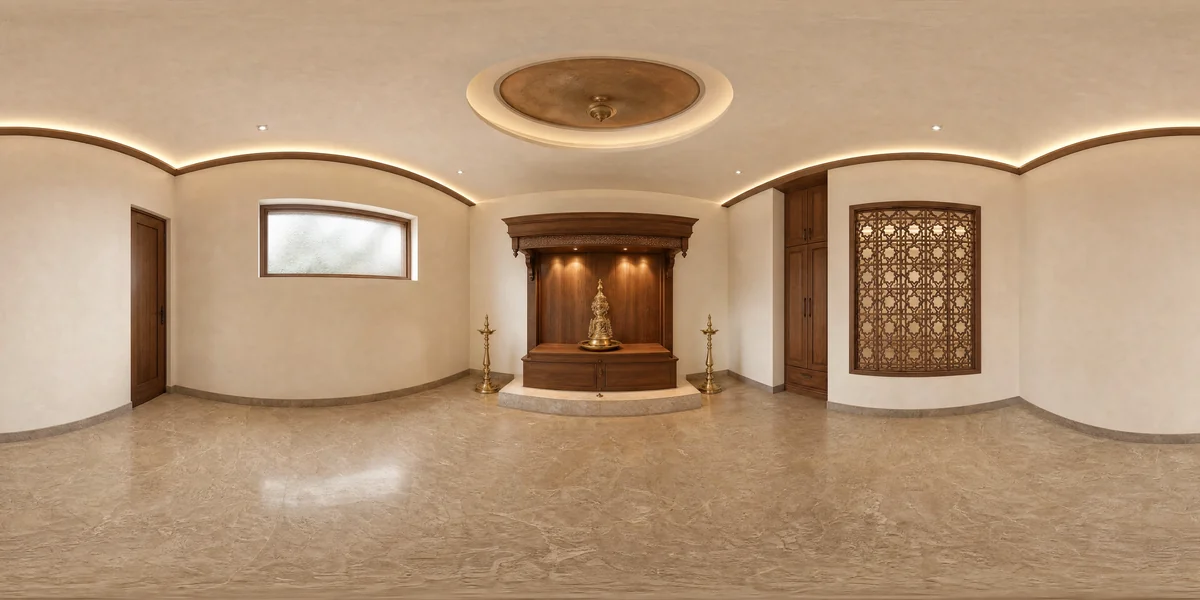 Illustrative 360-degree panorama: a pooja room with a teak altar, a delicate screen and warm stone flooring