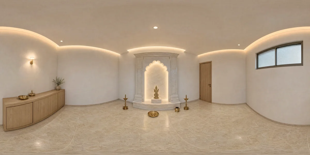 Illustrative 360-degree panorama: a calm pooja room with a white stone altar, pale oak storage and discreet brass details