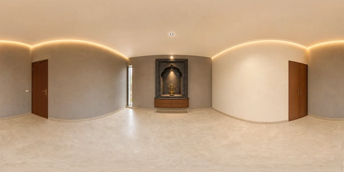 Illustrative 360-degree panorama: a pooja room with a graphite stone niche, teak drawers and focused warm lighting