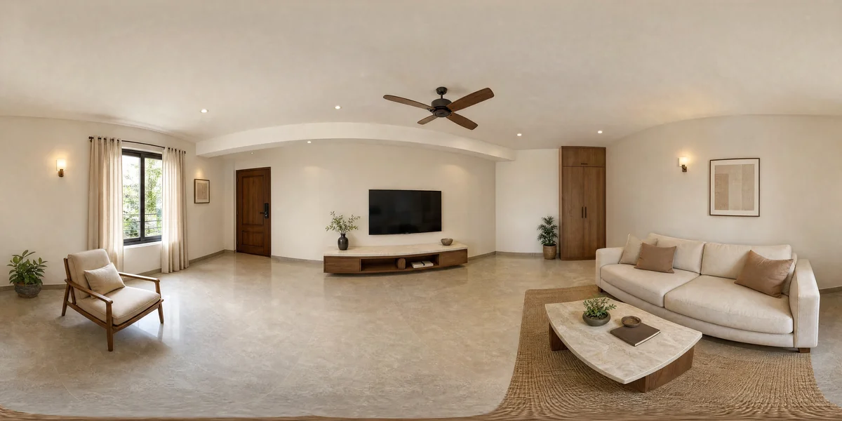 Illustrative 360-degree panorama: a finished apartment renovation concept with better storage, brighter finishes and a relaxed seating plan