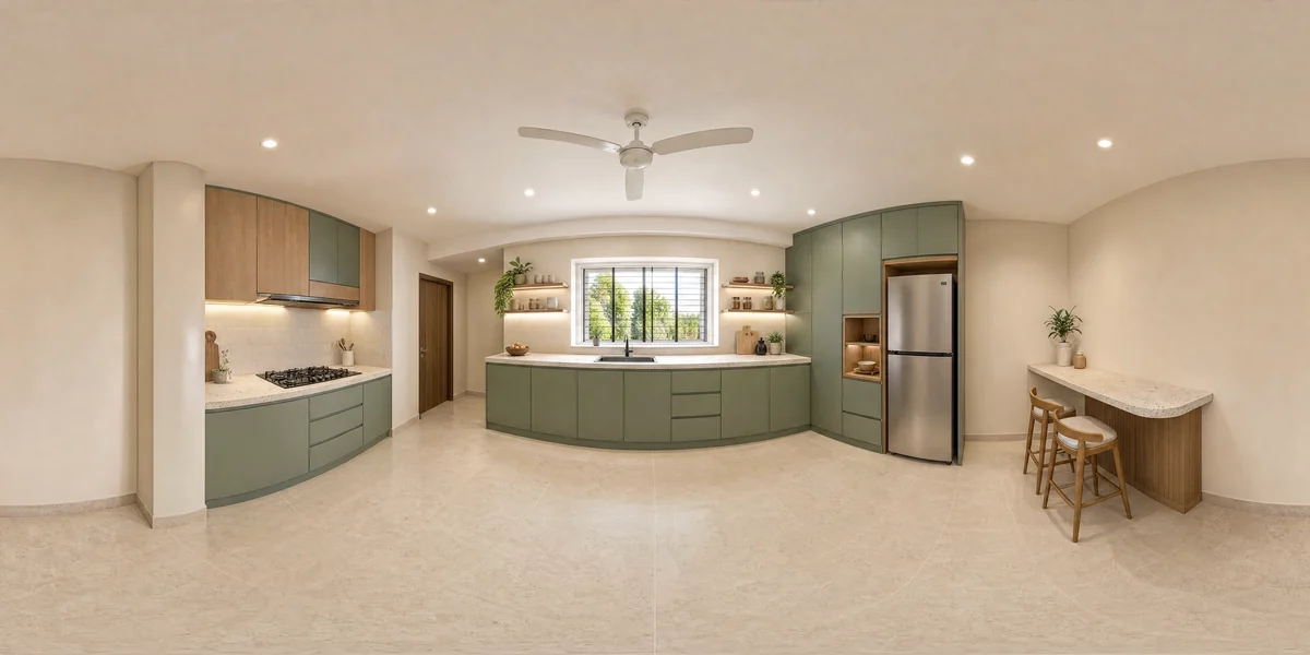 Illustrative 360-degree panorama: a finished kitchen renovation concept with improved storage, practical counters and warm materials