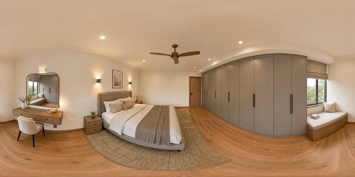 Illustrative 360-degree panorama: a finished bedroom renovation concept with integrated wardrobes, a reading seat and softer lighting