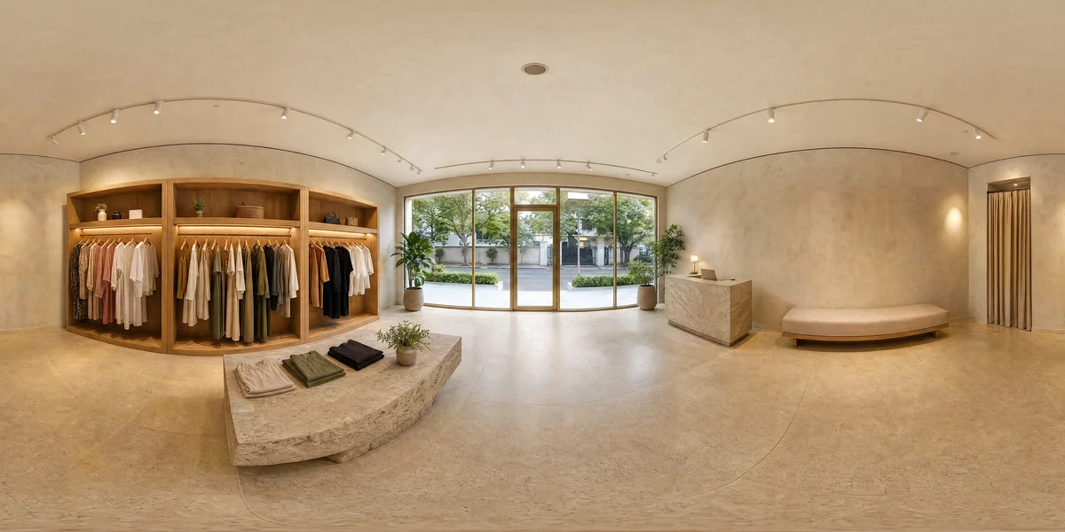 Illustrative 360-degree panorama: a clothing boutique with oak rails, a stone display table and a softly lit fitting area