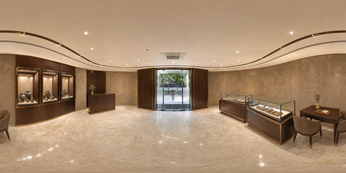 Illustrative 360-degree panorama: an intimate jewellery showroom with glass cases, walnut panels and a private consultation table