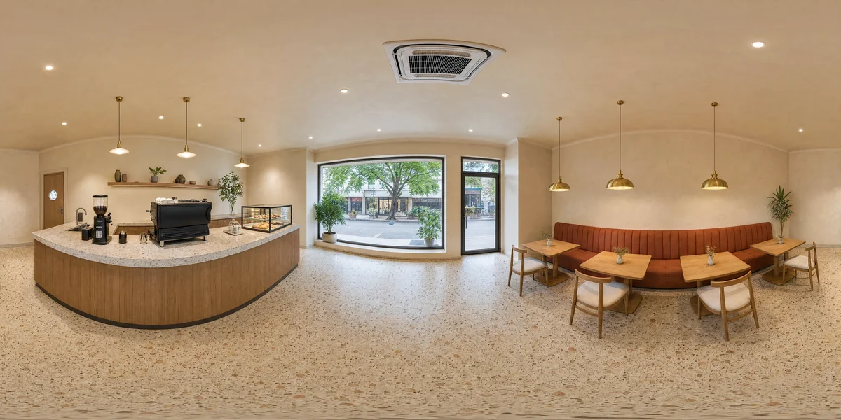 Illustrative 360-degree panorama: a small coffee shop with terracotta seating, oak tables and a neatly arranged service counter