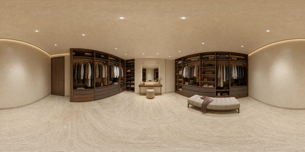 Illustrative 360-degree panorama: a walk-in wardrobe with walnut storage, warm lighting and a small upholstered bench