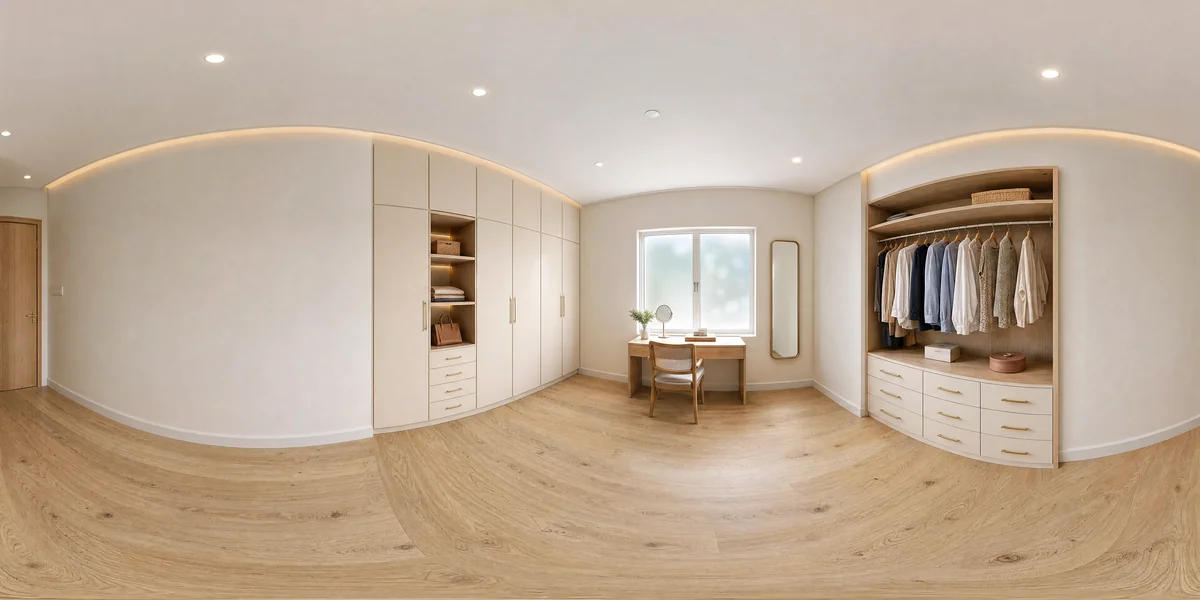 Illustrative 360-degree panorama: a dressing room with ivory cabinets, pale oak shelves and natural light