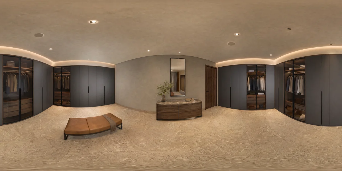 Illustrative 360-degree panorama: a contemporary dressing room with graphite cabinetry, smoked glass and a leather seat