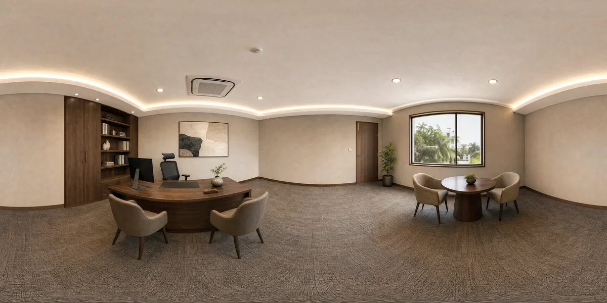 Illustrative 360-degree panorama: a private office with a walnut desk, integrated storage and a comfortable meeting corner