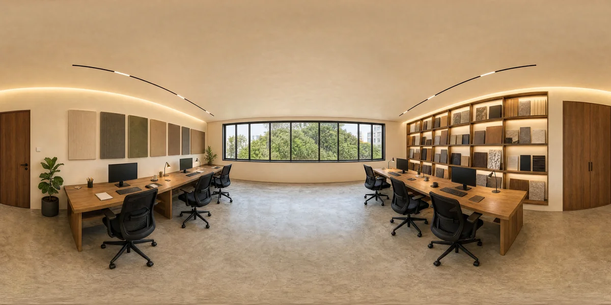 Illustrative 360-degree panorama: a small collaborative studio with oak worktables, acoustic panels and a material library