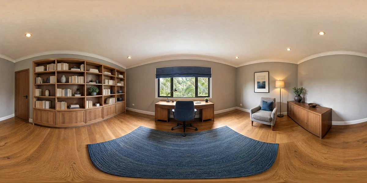 Illustrative 360-degree panorama: a home office with oak bookshelves, a window desk and a relaxed reading chair