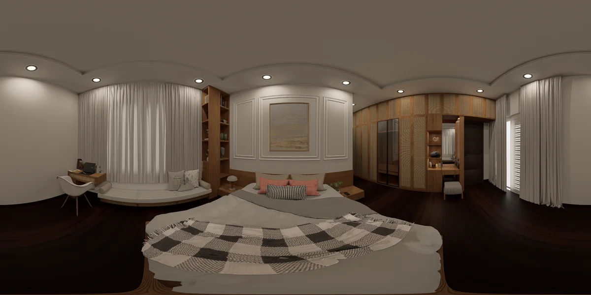 Spherical bedroom visualisation with a timber bed, woven wardrobe panels, window bench and dressing table