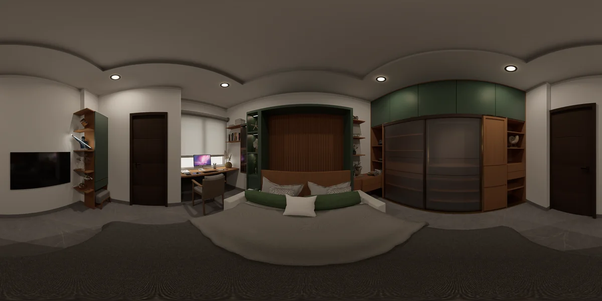 Spherical bedroom visualisation with green cabinetry, a walnut headboard, sliding wardrobe doors and a study desk