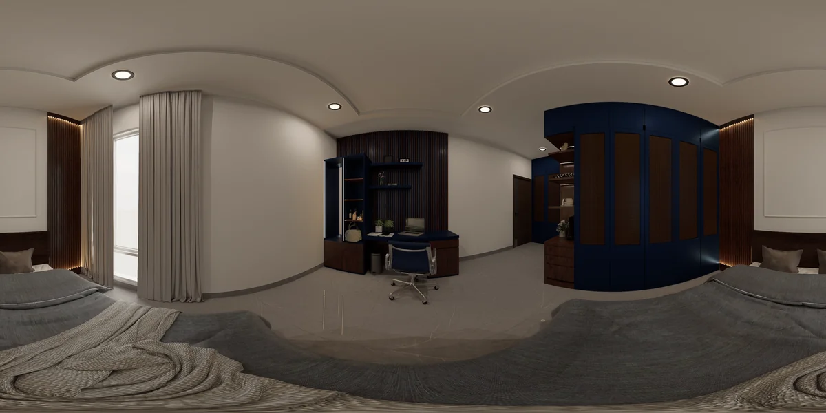 Spherical bedroom visualisation with navy and cane wardrobes, a timber headboard wall and a matching study desk