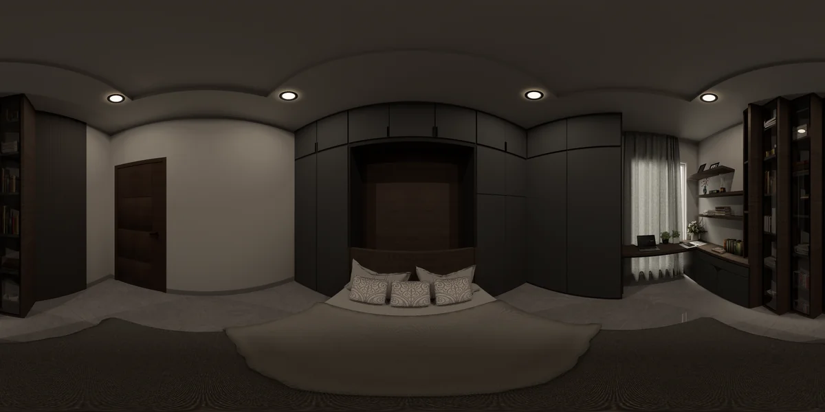 Spherical bedroom visualisation with charcoal cupboards around a timber headboard, open shelving and a window-side desk